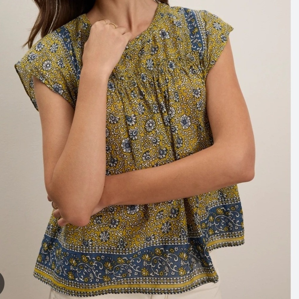 Velvet by Graham & Spencer Selene Cotton Block Print Cap Sleeve Top Yellow Small